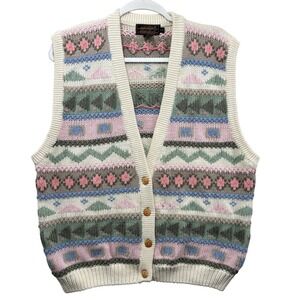 Vintage Eddie Bauer Sweater Vest Womens Large Fair Isle Cotton Hong Kong 90s